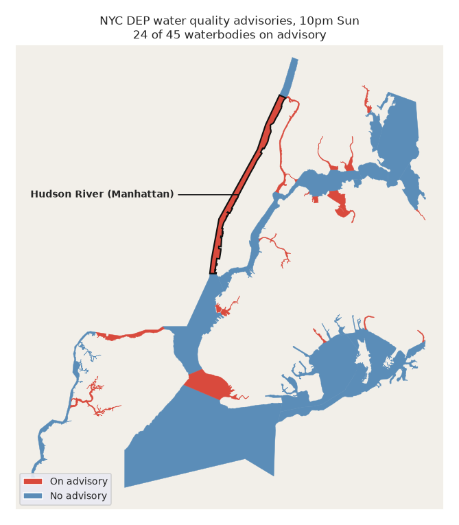 Map of NYC waterbodies on advisory, with the Hudson highlighted