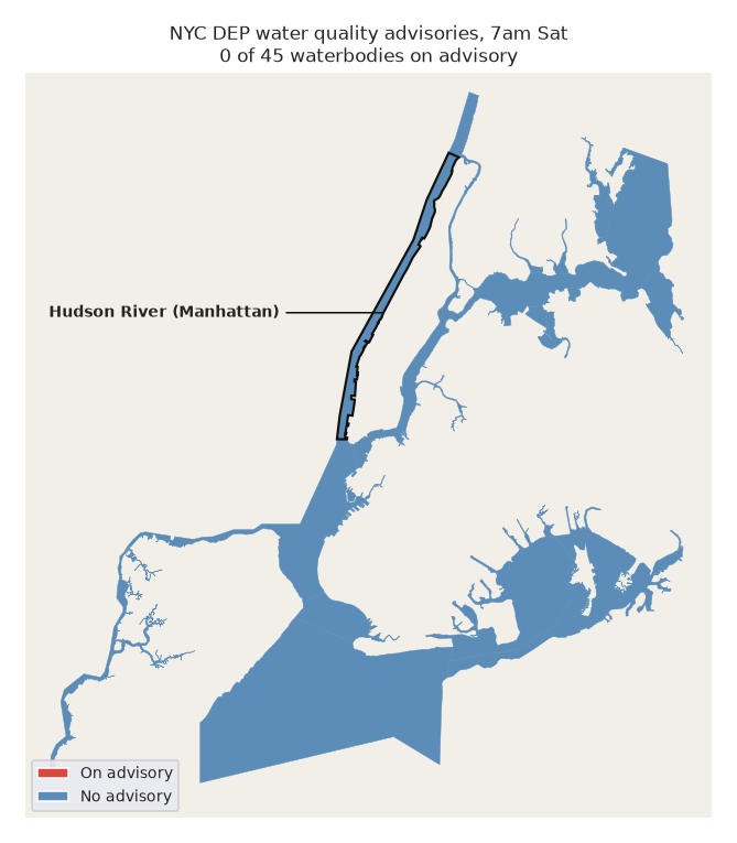 Map of NYC waterbodies on advisory, with the Hudson highlighted